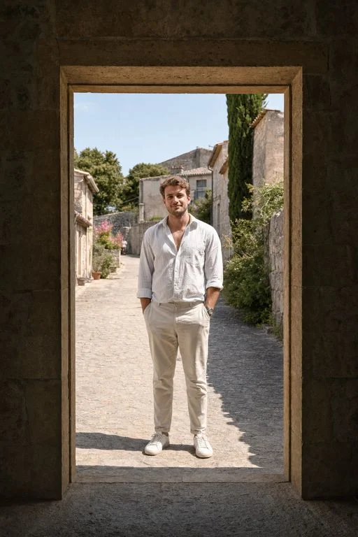 Composition catalog example of a man standing inside a stone doorway