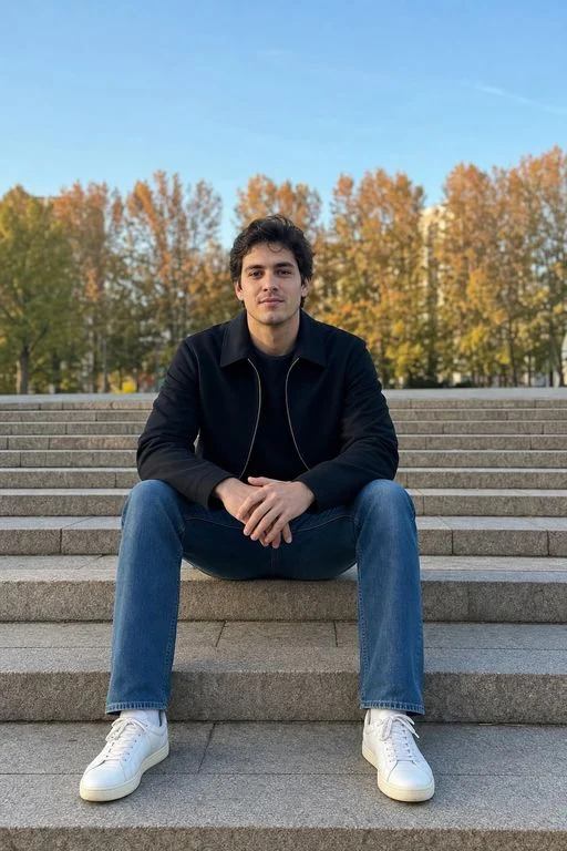 A full-body example showing a seated man on steps from head to shoes