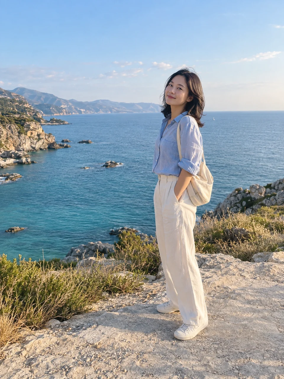 A woman in a blue shirt beside the sea, with an orange upper-third horizontal guide, cyan subject markers and a yellow placement area to the right showing where to reframe.