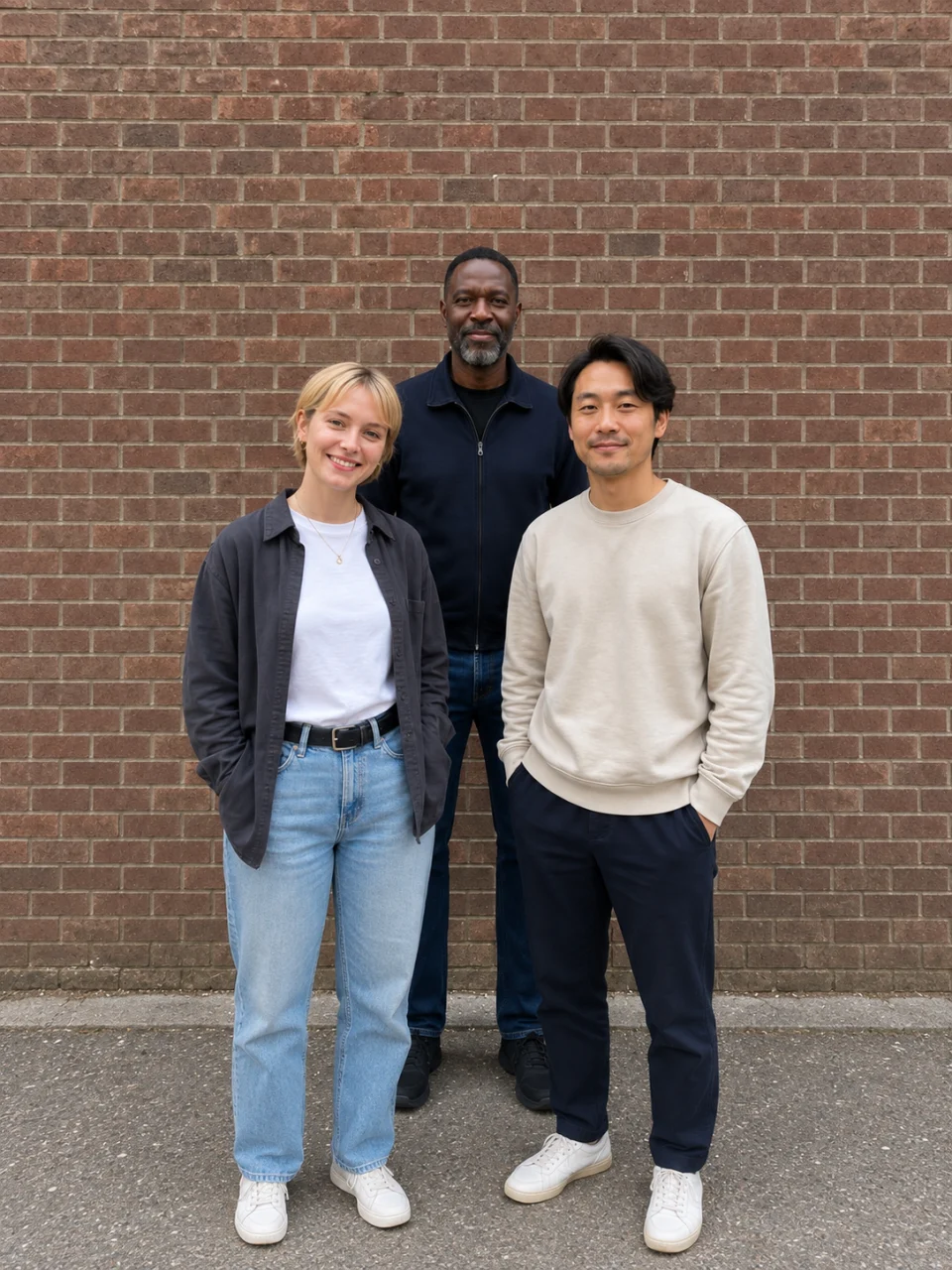 Practice framing three people with fixed orange triangle guides and yellow placement boxes. The surroundings of this app example were expanded with AI.