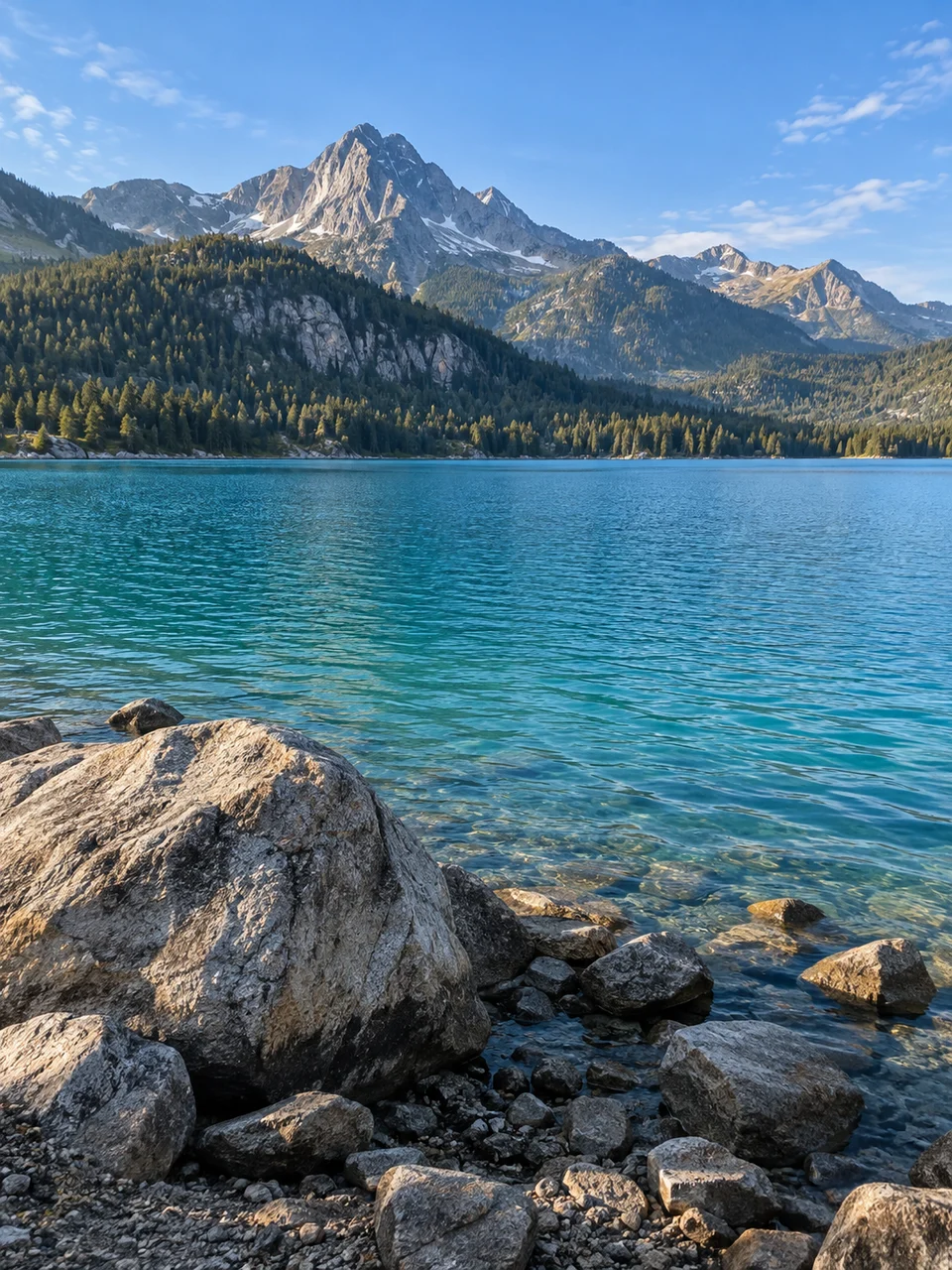 A blue alpine lake with distant mountains, a yellow foreground placement box around the large nearby rock, two orange horizontal guides and a short shooting suggestion.