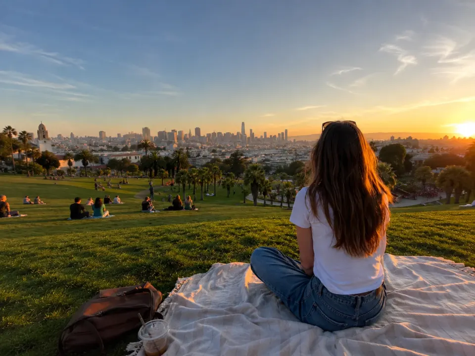 The woman placed to the right, with more of the sunset and city skyline in view